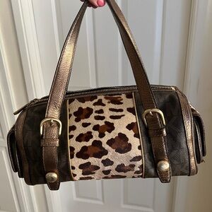 Michael Kors Brown Duffel Leather Purse with Leopard